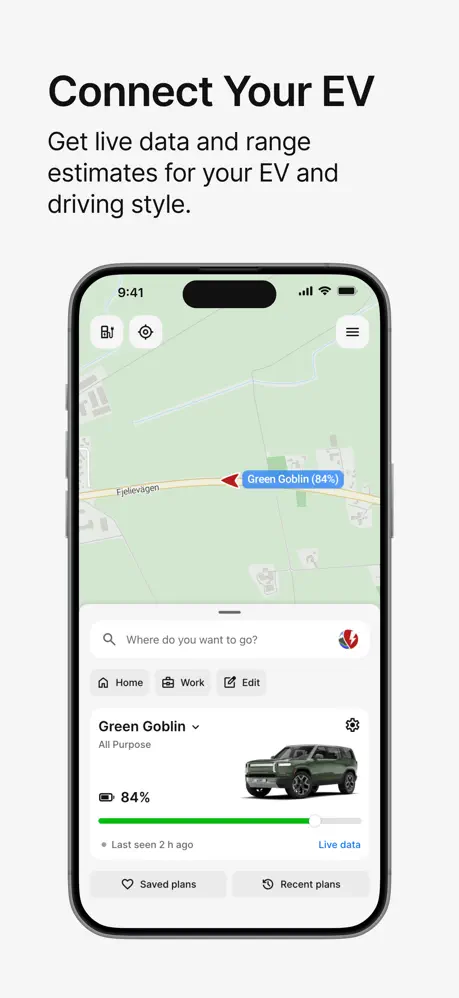 Connected EV map showing vehicle location, battery level, and live-data status