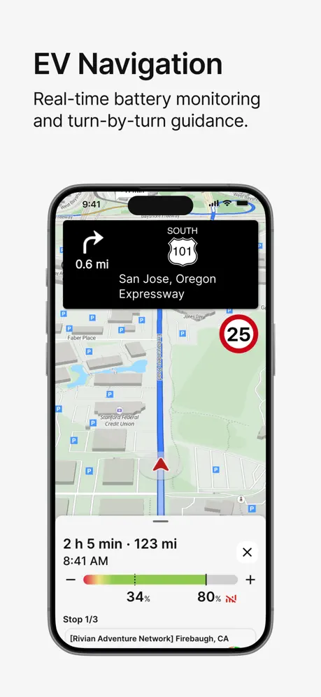 Turn-by-turn EV navigation with speed limit, arrival charge, and route progress