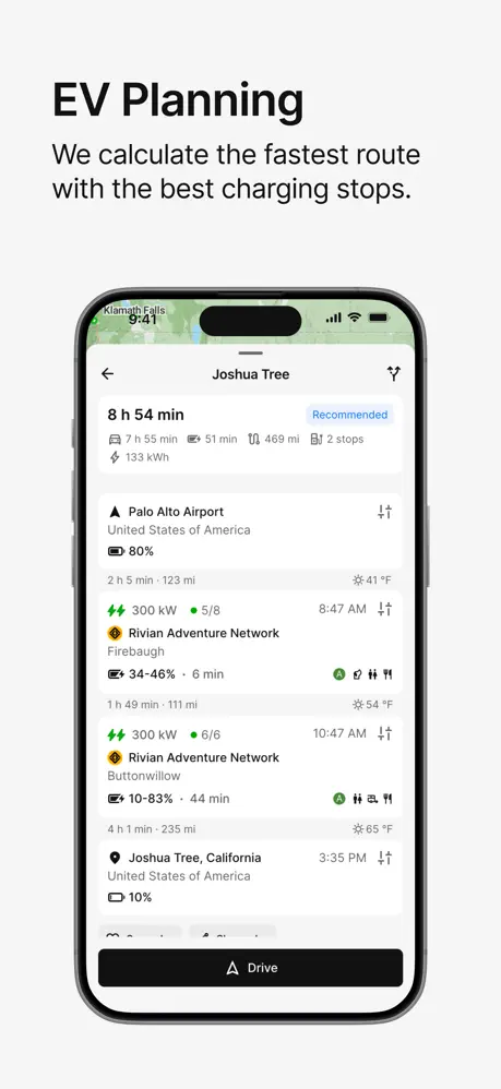 EV trip plan listing charging stops, arrival charge, power, and duration