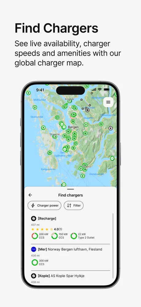 Charger map and nearby station list with live availability and charging speeds