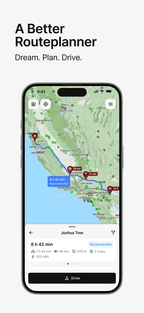 Electric-vehicle route from San Jose to Joshua Tree with charging stops