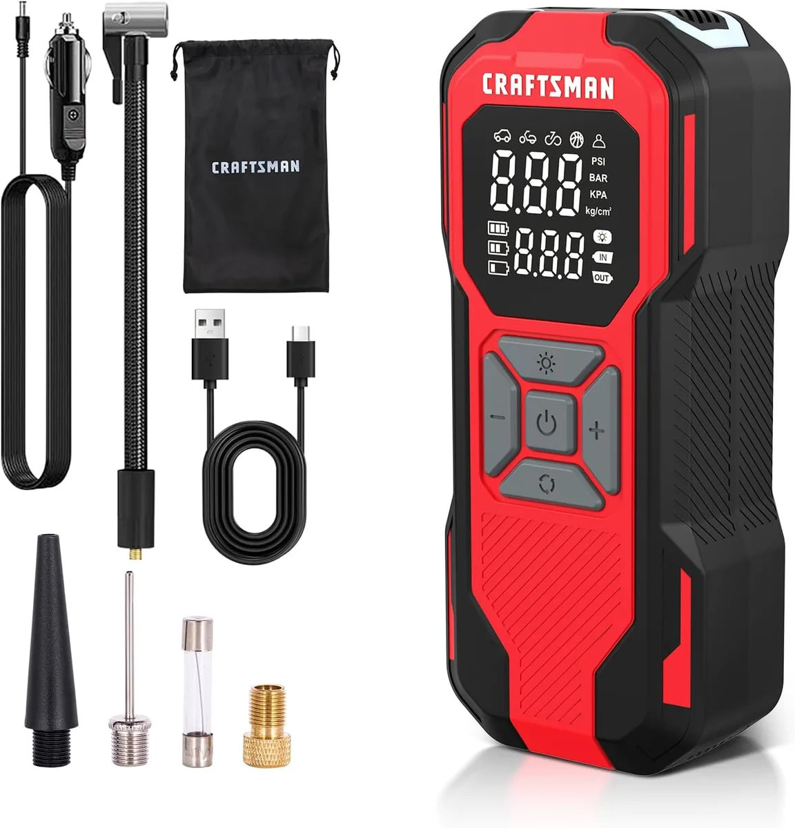 Red-and-black digital tire inflator with its hoses, cables, and adapters