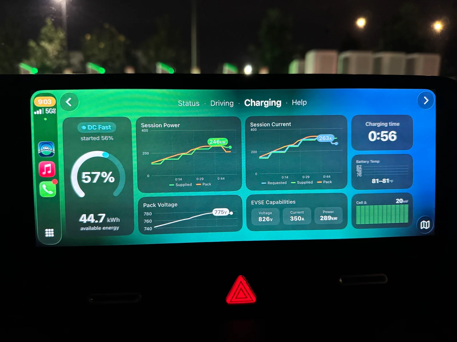EV Dashboard on CarPlay showing a DC fast-charging session at 57 percent battery and 246 kW
