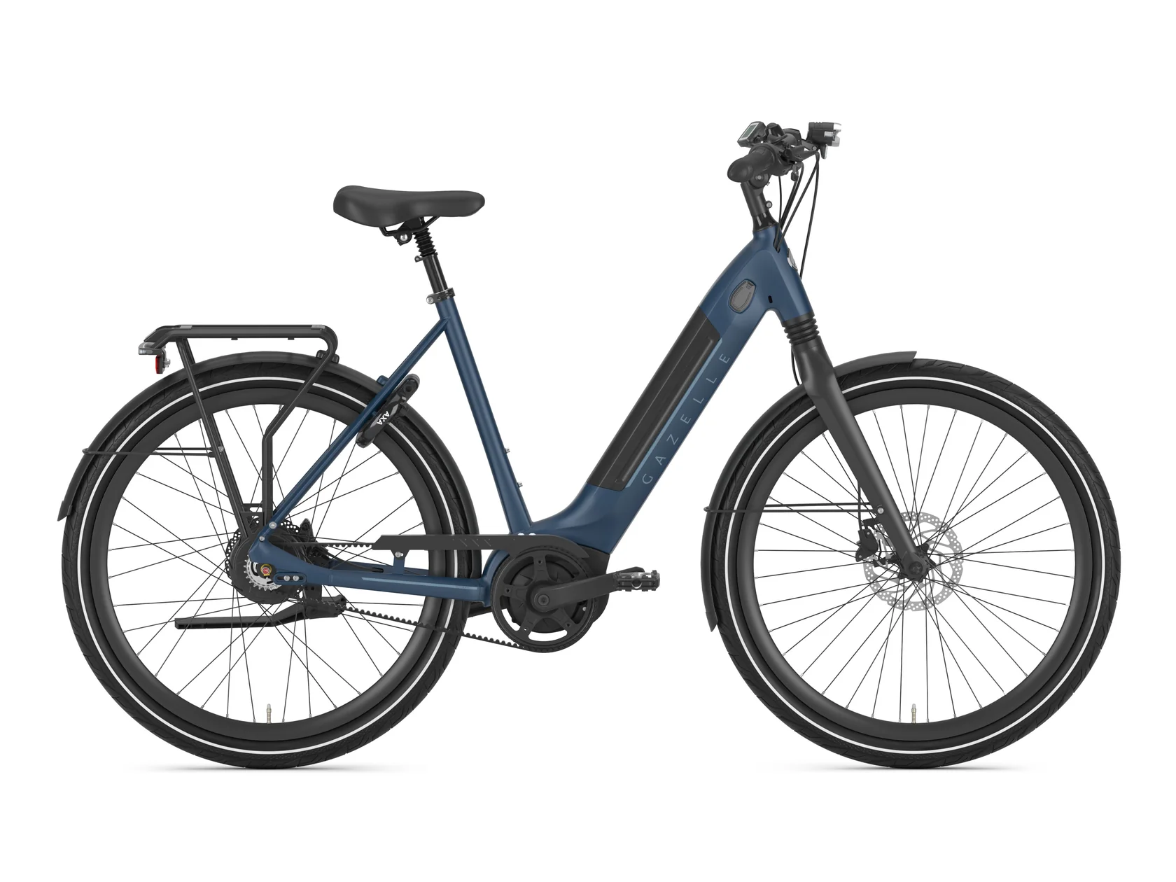 Mallard-blue step-through electric bike shown from the side