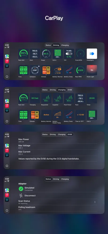 CarPlay views for driving, charging, battery temperature, and vehicle status
