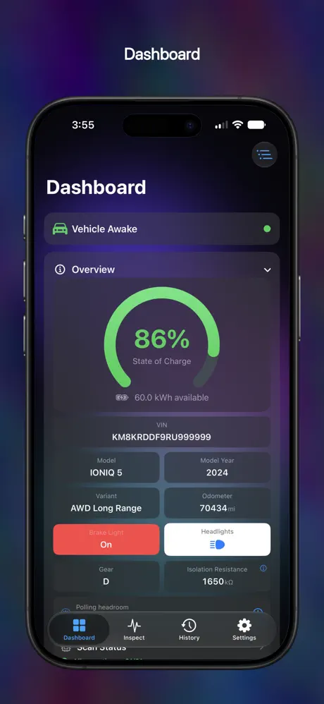 Companion app dashboard showing vehicle status and an 86 percent battery charge