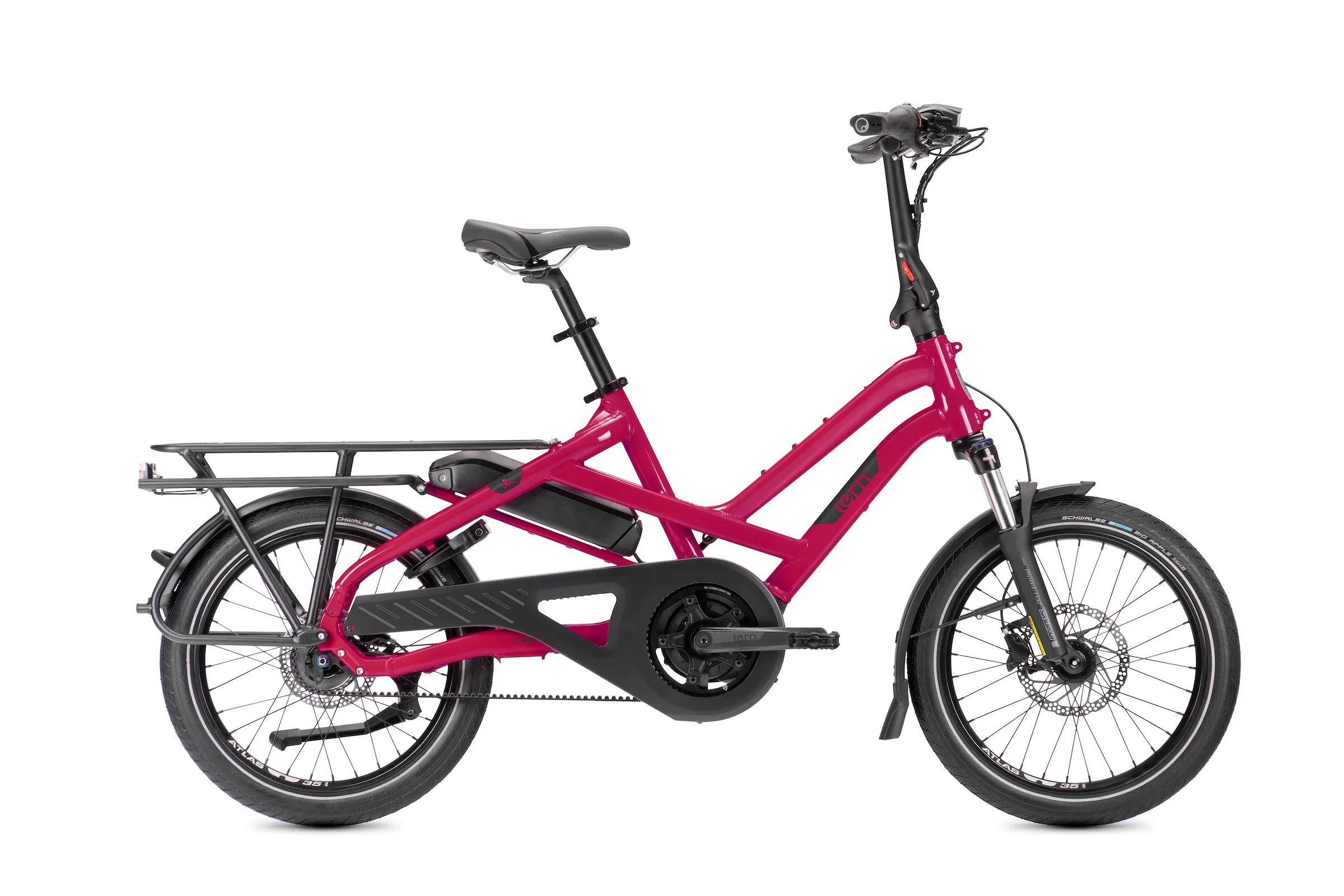 Dragonfruit-red cargo bike shown from the side