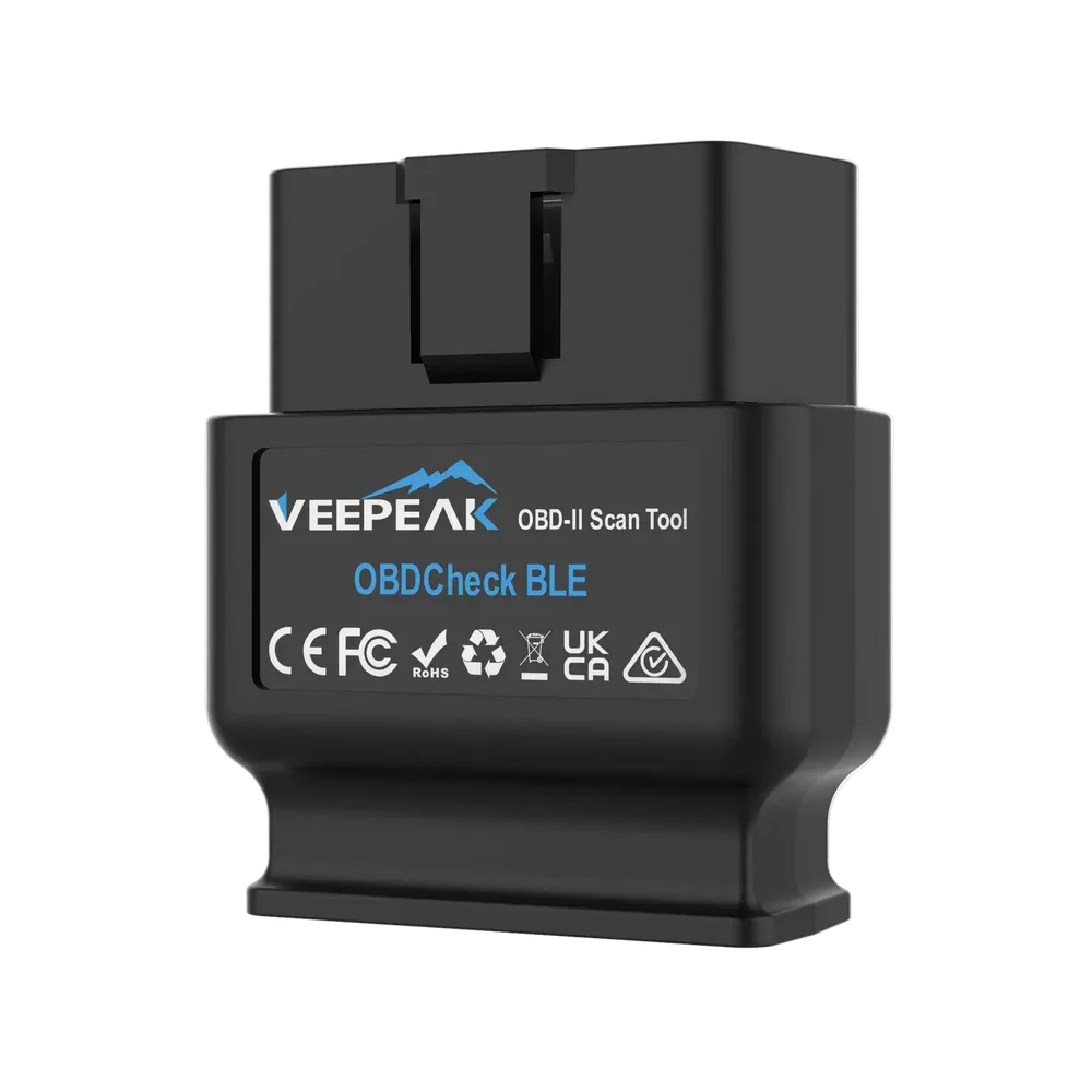 Compact black OBD-II Bluetooth dongle, front view